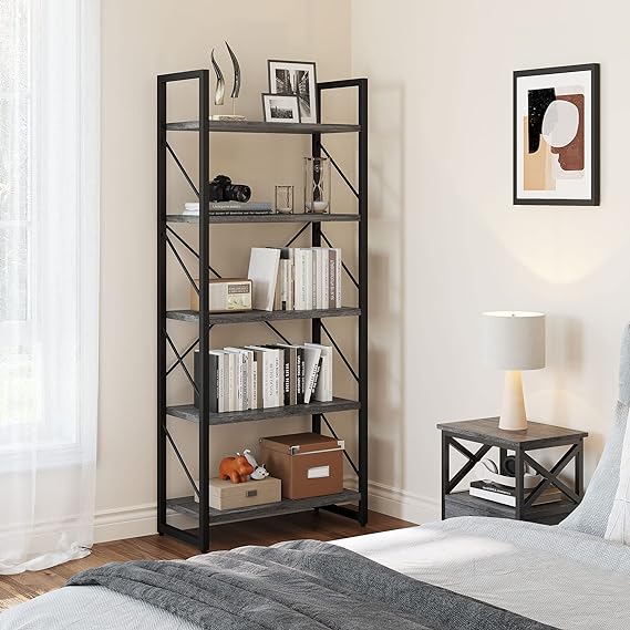 Photo 1 of 5 Tiers Bookshelf, Industrial Artsy Grey Bookcase Bookshelves, Storage Rack Shelves Books Holder Organizer for Movies in Living Room Home Office, Charcoal Gray + Black