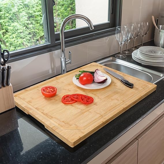 Photo 1 of 24 x 18 Extra Large Bamboo Serving Boards for Kitchen, Heavy Duty Wood Butcher Block Chopping Board with Handle and Juice Groove for Meat, Large Charcuterie Board, Over the Sink Cutting Board
