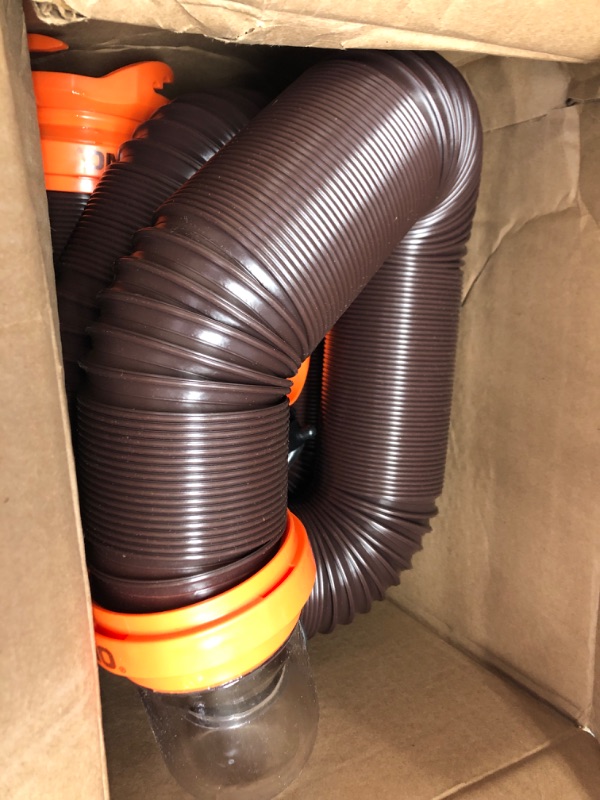 Photo 2 of Camco RhinoFLEX RV Sewer Hose Kit with Swivel Transparent Elbow and 4-in-1 Dump Station Fitting, Brown, 15 Feet (39770) 15ft Sewer Hose Kit Frustration-Free Packaging