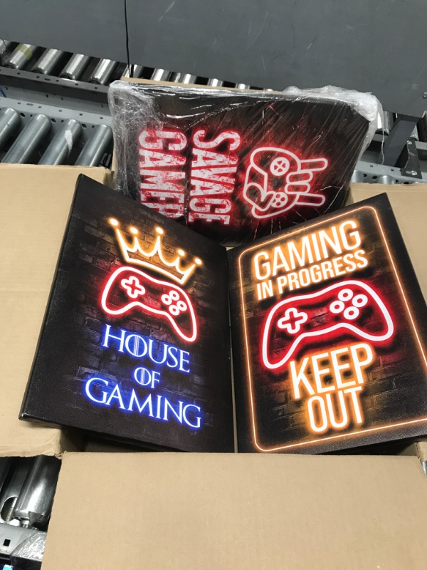 Photo 2 of 3 Pcs Framed Neon Gamer Symbol Canvas Wall Art Paintings Gaming Wall Decor Prints Pictures Posters Artwork for Kids Teenage Boys Game Room Playroom Bedroom Decoration Ready to hang Gifts for Gamers Black 12in×16in×3