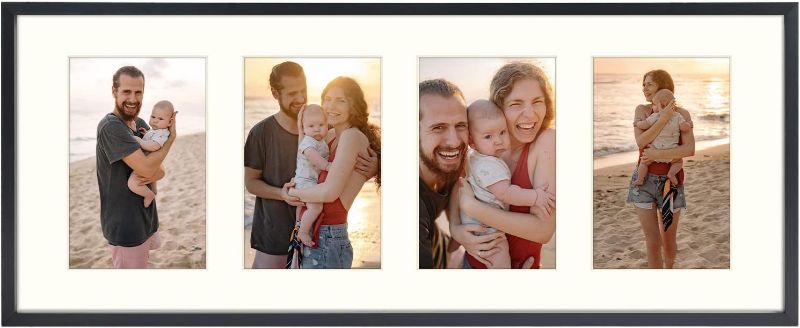 Photo 1 of 2pk 8x20 Black Aluminum Metal Frame - Ivory Mat for Four 4x6 Photos/Pictures - Sawtooth Hanger - Swivel Tabs - Wall Mounting -...