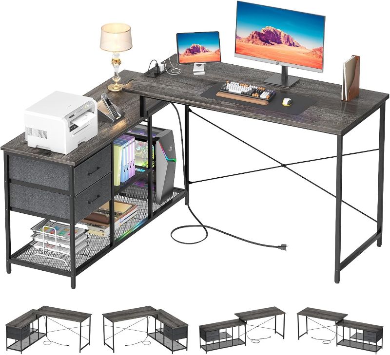 Photo 1 of ***SEE NOTE*** Homieasy Reversible L Shaped Desk with Power Outlet, Corner Computer Desk with Drawers and Storage Shelves, L-Shaped Long Home Office Desk Study Writing Desk Gaming Desk, Grey Oak
