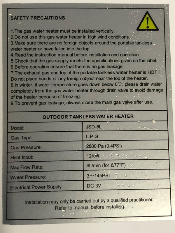 Photo 4 of * not functional * sold for parts only *
Seeutek Portable Water Heater 1.6GPM/6L, Outdoor Propane Gas Tankless Water Heater