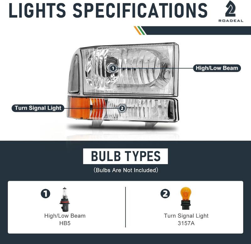 Photo 3 of (READ NOTES) ROADEAL Headlights Assembly for 1999 2000 2001 2002 2003 2004 Ford F250 F350 F450 F550 Super Duty / 00 01 02 03 04 Ford Excursion Sets Headlamp with Bumper Lamps Chrome Housing