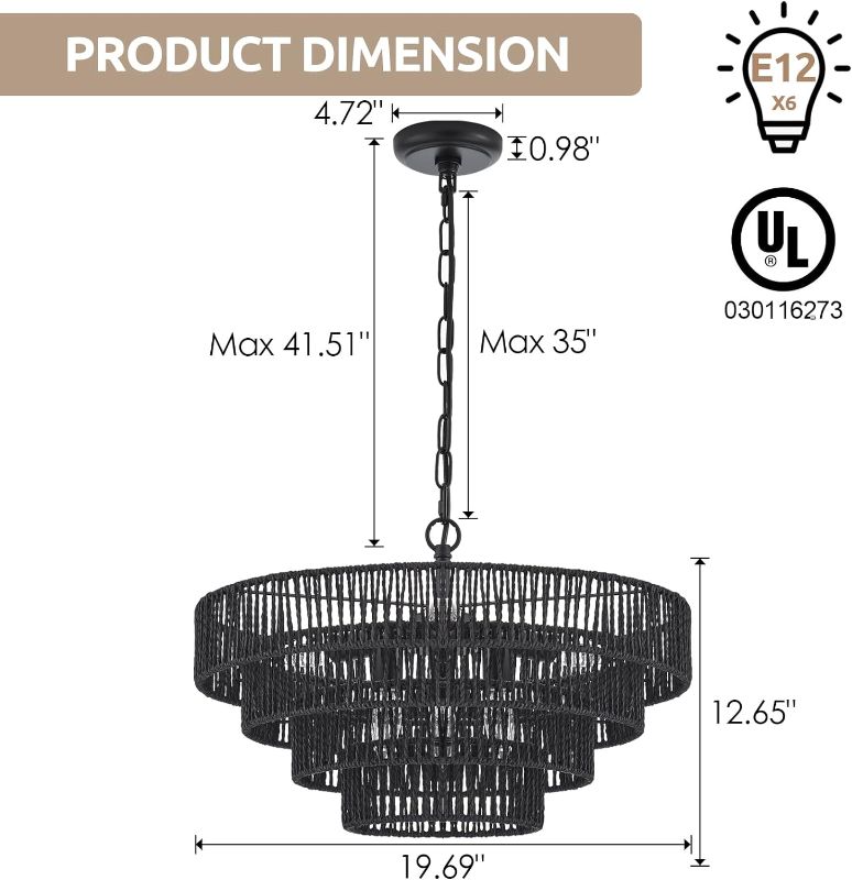 Photo 3 of (READ FULL POST) ELYCCUPA 20” Hand-Woven Rattan Chandelier 6-Lights Transitional Minimalist 4 Round Boho Large Pendant Light for Kitchen Island Dining Room Living Room Hallway, Matte Black, UL Listed