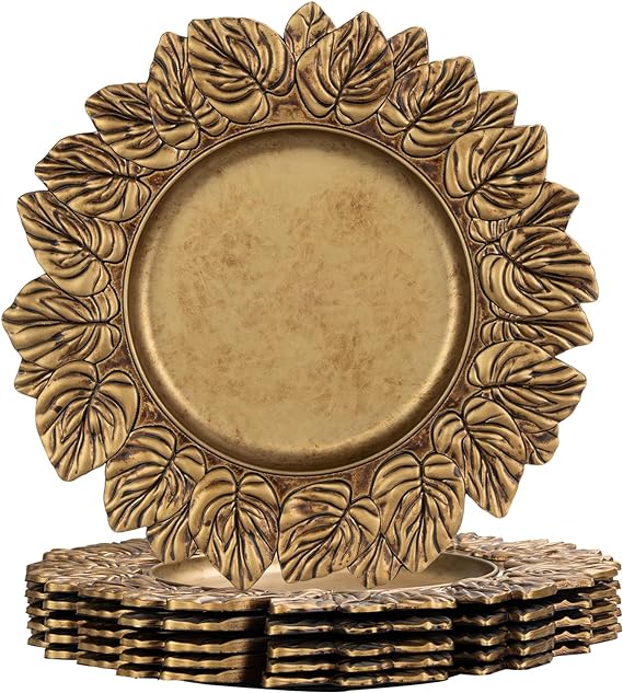 Photo 1 of (READ FULL POST) MAONAME Antique Gold Leaf Charger Plates, 13" Plastic Plate Chargers Set of 6, Round Chargers for Dinner Plates, Table Chargers for Wedding, Party
