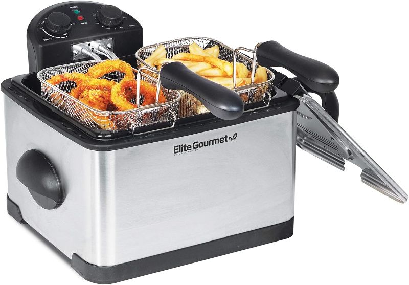 Photo 1 of Elite Gourmet EDF-401T Electric Immersion Deep Fryer 3-Baskets, 1700-Watt, Timer Control, Adjustable Temperature, Lid with Viewing Window and Odor Free Filter, Stainless Steel and Black
