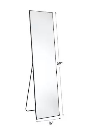 Photo 1 of 16in. W x 59in. H Aluminum Alloy Frame Black Full Body Floor Mirror with Floor Stand and Wall Mounted Hooks
