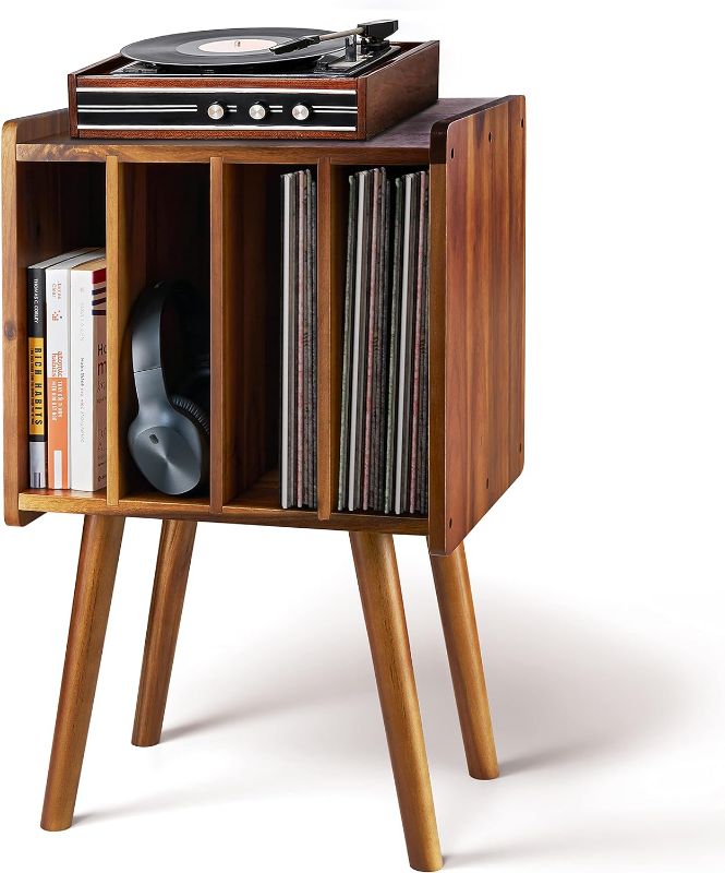 Photo 1 of 2BHOME Wooden LP Record Player Stand with 4 Cabinets, Holds up to 100 Vinyls, Metal Record Storage Holder and Organizer Table, Classical Design for Files/Book (Mid-Century Modern)
