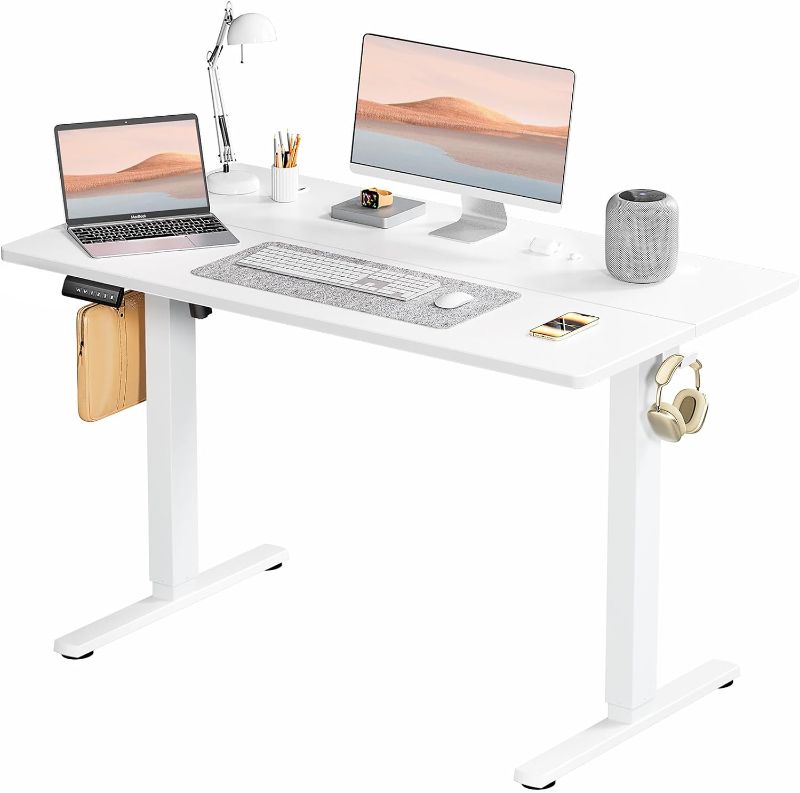 Photo 1 of SMUG Standing Desk, Adjustable Height Electric Sit Stand Up Down Computer Table, 48x24 Inch Ergonomic Rising Desks for Work Office Home, Modern Lift Motorized Gaming Desktop Workstation, White
