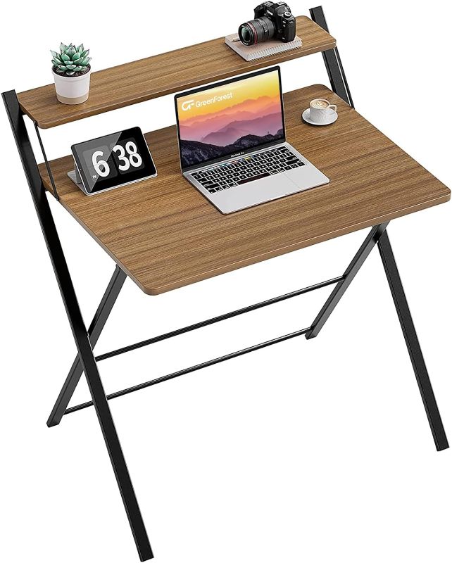 Photo 1 of GreenForest Folding Desk No Assembly Required, Computer Desk with 2-Tier Shelf Foldable Table for Small Spaces Fully Unfold 32 x 24.5 inch, Espresso
