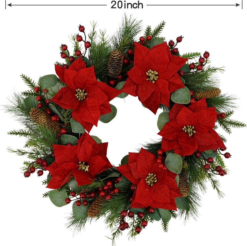 Photo 1 of 20 inch Artificial Christmas Wreath Winter Wreath with Poinsettia,Eucalyptus Leaves,red Berry,Pine Cones,Pine Needles for Indoor Outdoor Farmhouse Home Wall Window Festival Wedding Decor