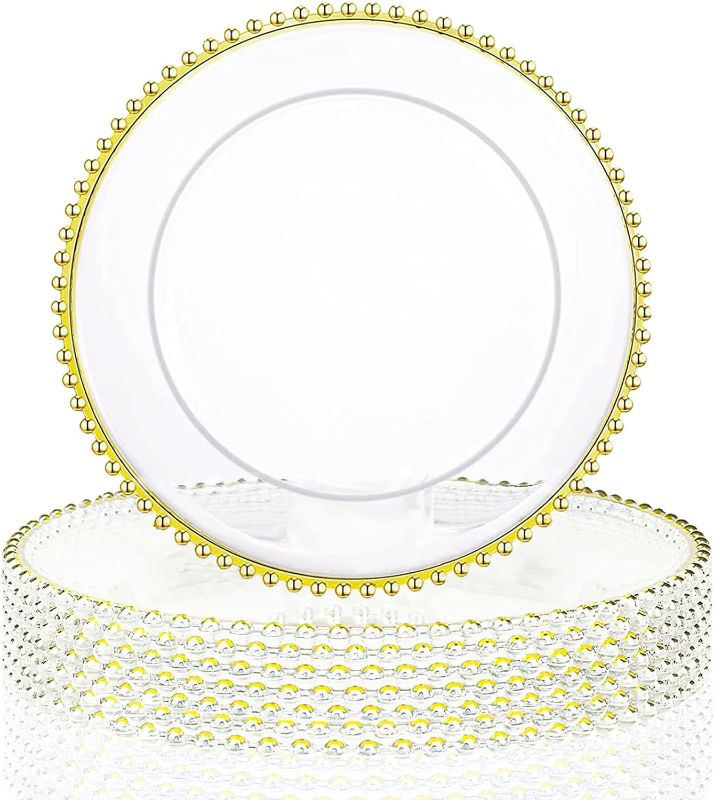 Photo 1 of 25 Pcs Clear Charger Plates 13 Inch Plastic Round Dinner Plate with Gold Beaded Rim Dinner Table Decorative Plate for Wedding Birthday Bridal Shower Party Dinner Table Decor Supplies