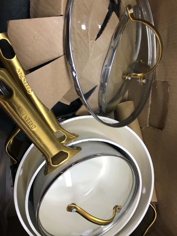 Photo 1 of ******dents, dirty missing the large pan******GreenPan Reserve Hard Anodized Healthy Ceramic Nonstick 10 Piece Cookware Pots and Pans Set, Gold Tone Stainless Steel Handle, PFAS-Free, Dishwasher Safe, Oven Safe, Cream White 10 Piece Cookware Pots and Pans