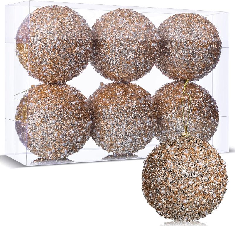 Photo 1 of 6 Pieces 4 Inch Champagne Ball Hanging Ornaments Glitter Christmas Tree Ornaments for Xmas Tree Wedding Party Home Holiday Indoor Outdoor Decor
