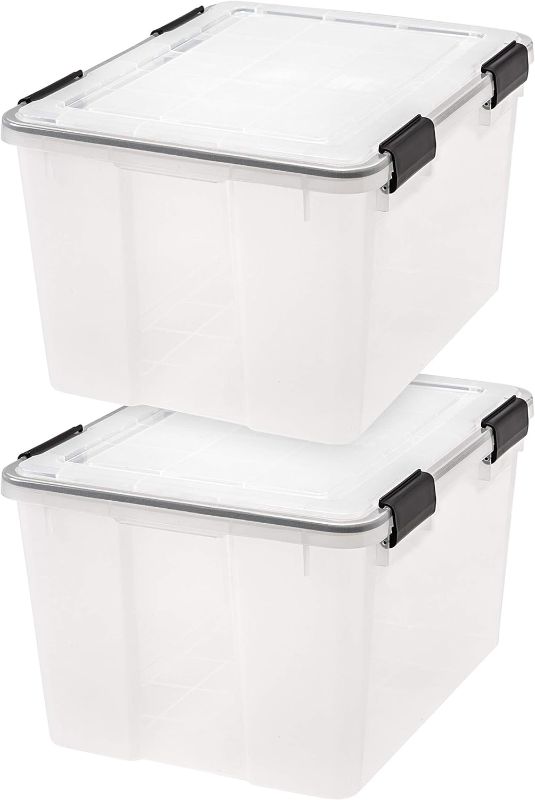 Photo 1 of 74 Quart WEATHERPRO Plastic Storage Box with Durable Lid and Seal and Secure Latching Buckles, Weathertight, Clear with Black Buckles, 2pk