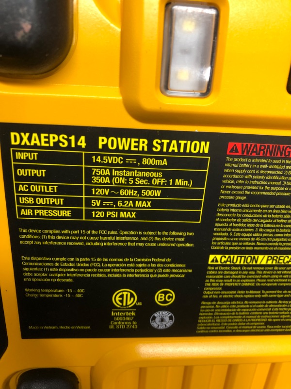 Photo 3 of DEWALT DXAEPS14 1600 Peak Battery Amp 12V Automotive Jump Starter/Power Station with 500 Watt AC Power Inverter, 120 PSI Digital Compressor, and USB Power , Yellow