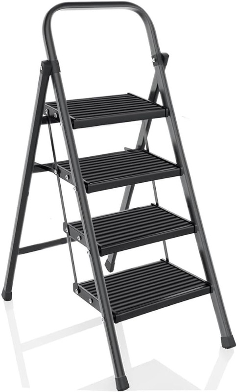 Photo 1 of Adults 4 Steps for Home Kitchen Foldable, Heavy Duty Iron Stepladder, Aluminum Anti-Slip Pedal + Alloy Steel Stand, 500 lbs Capacity, Black