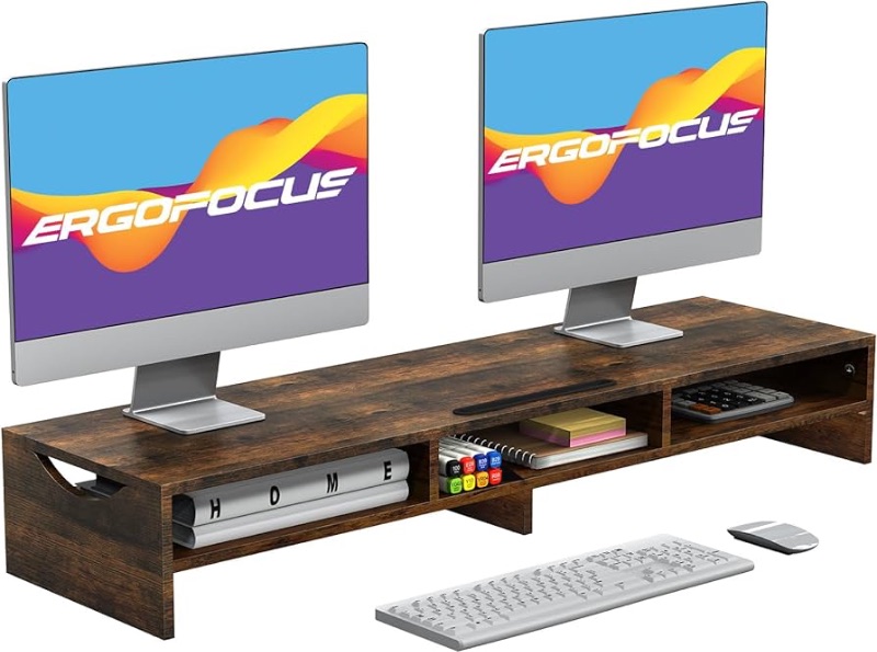 Photo 1 of ErgoFocus Large Dual Monitor Stand Riser, 2 Tiers Monitor Riser with Cellphone Holder, Wood Monitor Riser with 3 Shelf Storage, Monitor Stand Riser for 2 Monitors, Multi Screen Stand for Home Office