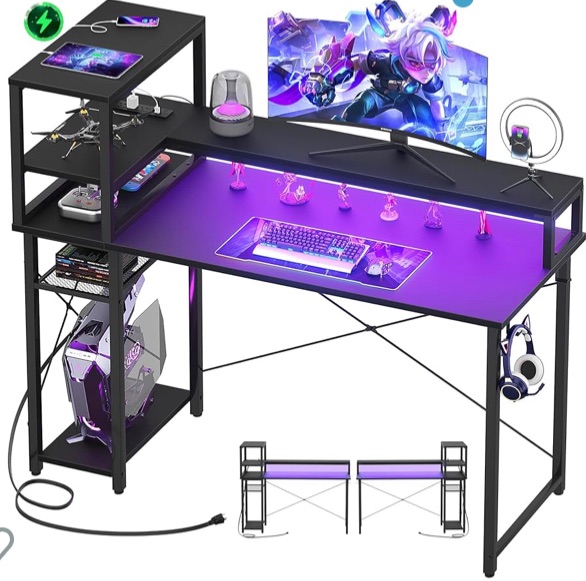 Photo 1 of iSunirm 47" Gaming Desk with Storage, Computer Desk with LED Lights, Home Office Desk with Adjustable Shelves & Power Outlets, Gaming Computer Desk with Long Monitor Stand for Small Spaces, Black