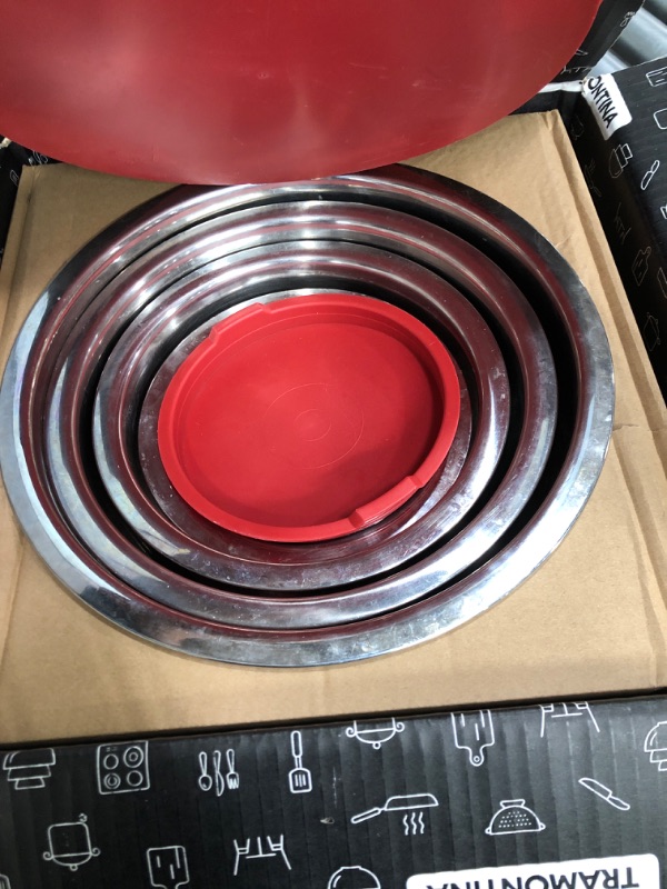 Photo 2 of ***HEAVILY USED AND SCRATCHED - SEE COMMENTS***
10 Pc Covered Stainless Steel and Silicone Mixing Bowl Set (Red)