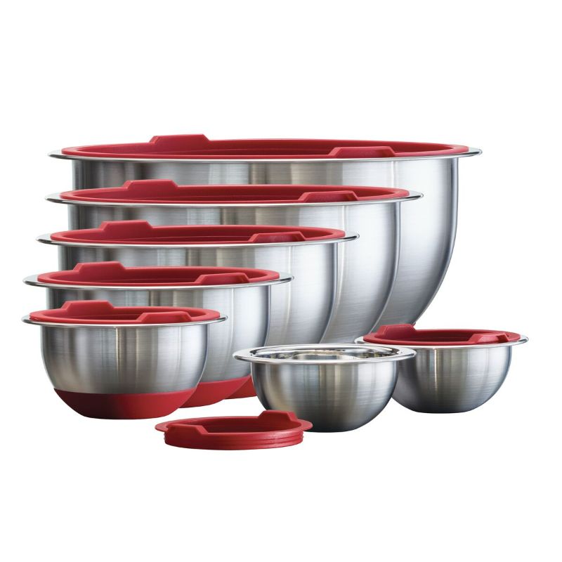 Photo 1 of ***HEAVILY USED AND SCRATCHED - SEE COMMENTS***
10 Pc Covered Stainless Steel and Silicone Mixing Bowl Set (Red)