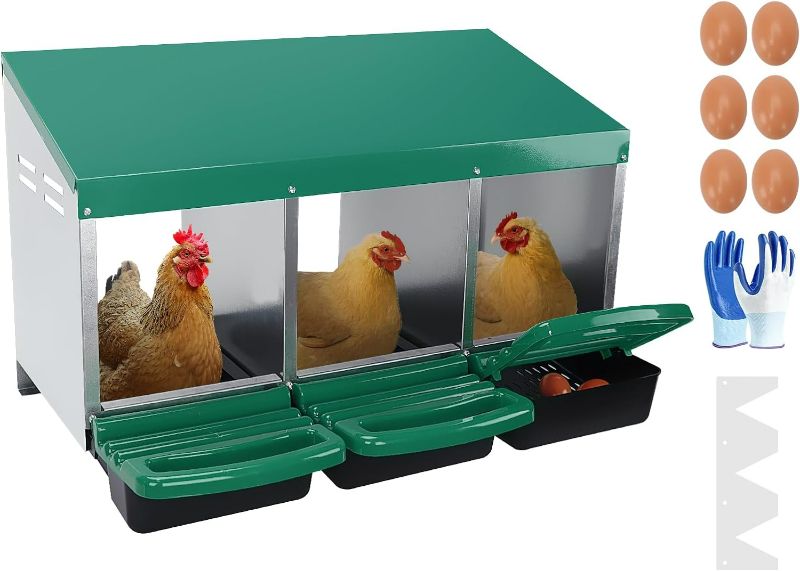 Photo 1 of ***USED - LIKELY MISSING PARTS - UNABLE TO VERIFY FUNCTIONALITY***
Chicken Nesting Box,3 Hole Metal Chicken Egg Laying Box,Roll Away Nesting Boxes Heavy Duty Chicken Coop Nesting Box with Lid Cover to Protect Eggs (Green)
