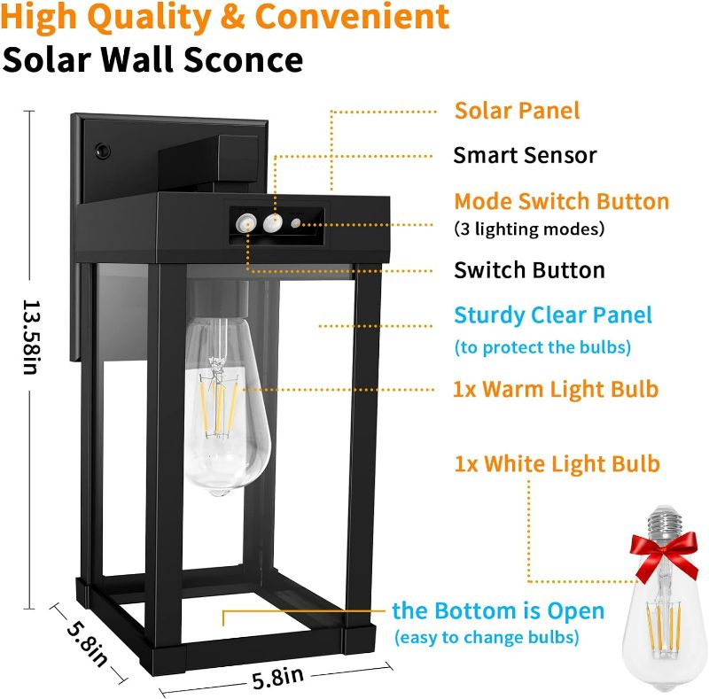 Photo 4 of (READ FULL POST) Solar Wall Lanterns Outdoor, Aqonsie Solar Sconce Lights Outdoor with 3200K Warm Bulb & 6500K White Bulb, Solar Wall Lights Waterproof with Clear Panel & 3 Lighting Modes for Garage Porch Patio Yard Black (2 Pack)