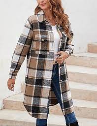 Photo 1 of Himosyber Women's Casual Plaid Lapel Woolen Button Up Pocketed Long Shacket Coat LARGE
