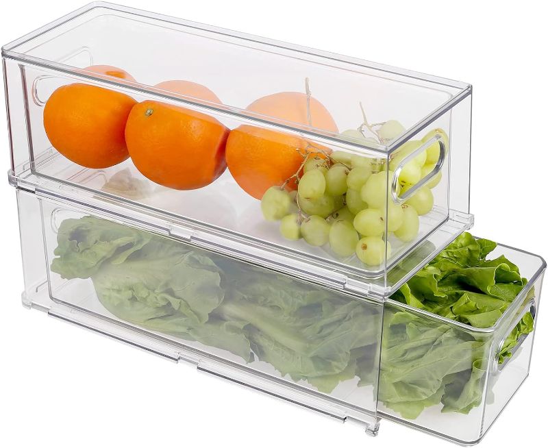 Photo 1 of 2 Pack Stackable Refrigerator Organizer Bins with Pull-out Drawer, Drawable Clear Fridge Drawer Organizer with Handle, Plastic Kitchen Pantry Storage Containers