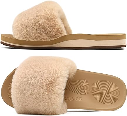 Photo 1 of COFACE Womens Slides Fuzzy Slippers Open Toe Fluff Slippers With Arch Support Plantar Fasciitis Orthotic Slippers Women House Shoes 8