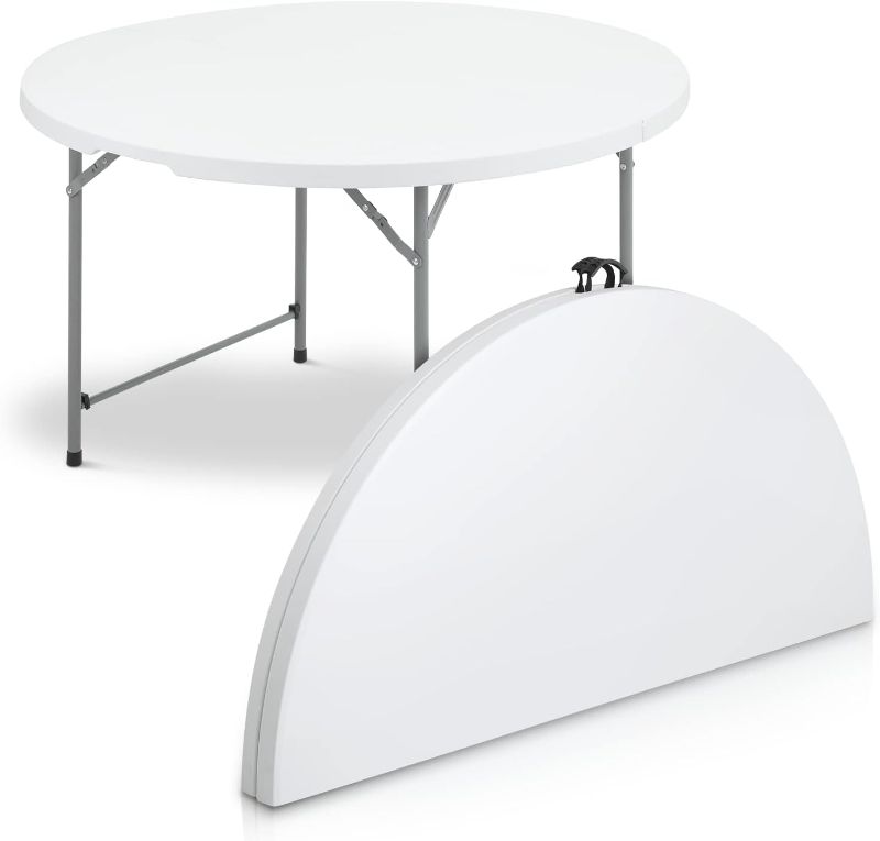 Photo 1 of  4Ft Portable Round Foldable Table, White Banquet Event Wedding Card Plastic Table with Carrying Handle and Lock
