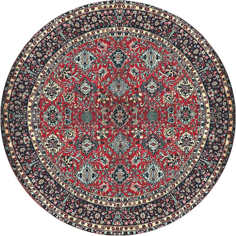 Photo 1 of 6 ft Round Area Rug for Dining Room - Traditional Accent Rug in Circle Shape - Also Perfect for Living Room and Bedroom | Oriental Style, Non-Slip and Machine Washable - Blue, Red and Green
