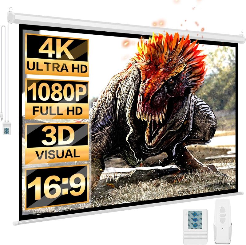 Photo 1 of  100'' 16:9 HD Motorized Projection Screen with Remote Control, Folding Anti- Crease Projector Screen, Wall/Ceiling Mounted Projection Screens for Home Theater, Office, Education, White.
