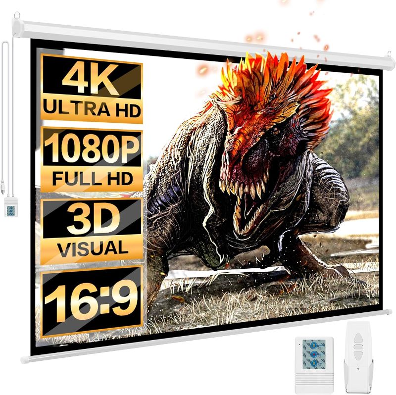 Photo 1 of 100'' 16:9 HD Motorized Projection Screen with Remote Control, Folding Anti- Crease Projector Screen, Wall/Ceiling Mounted Projection Screens for Home Theater, Office, Education, White.
