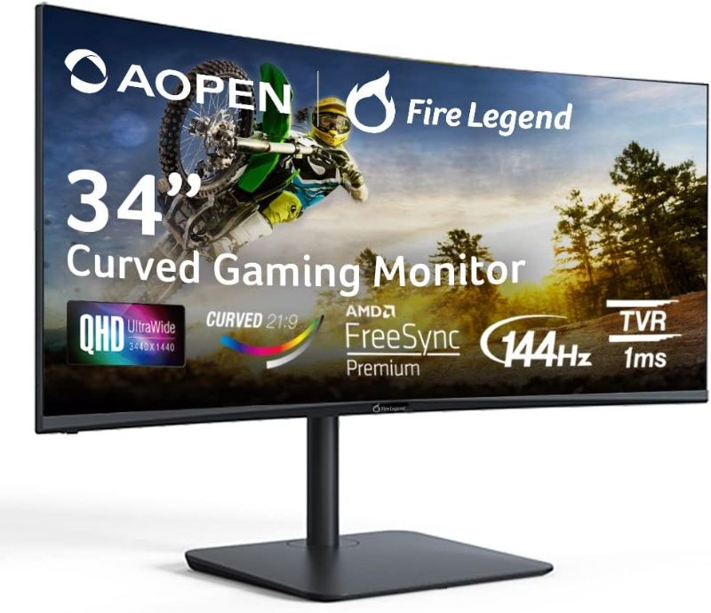 Photo 1 of AOPEN 34HC5CUR Pbmiiphx 34" 1500R Curved Zero-Frame UWQHD (3440 x 1440) VA Gaming Monitor AMD FreeSync Premium Technology Up to 144Hz 1ms 21:9 2 x HDMI 2.0 Ports & 1 x Display Port 1.4, Black
