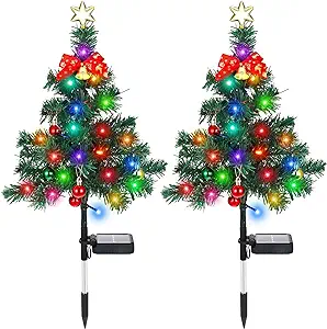 Photo 1 of Baquler 2 Pcs Solar Christmas Tree Garden Stake Lights Outdoor Christmas Tree Lighted Yard Decorations Multicolor LED Solar Stakes for Pathway Lawn Patio Xmas Ornament(Vibrant Style)