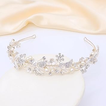 Photo 1 of Oriamour Rhinestone Bridal Headband With Pearls Handmade Crystal Wedding Headpieces for Brides Wedding Hair Accessories for Bridesmaid Flower Girl (Silver)