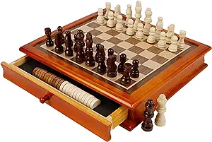 Photo 1 of Juegoal 12-Inch Wooden Chess & Checkers Set with Storage Drawer, Portable Board Games for Kids and Adults