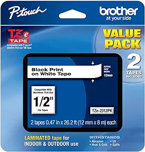 Photo 1 of Brother Genuine P-Touch, TZe-231 (TZE2312PK) ½”(0.47”) x 26.2 ft. (8m)Laminated P-Touch Tape, Black on White