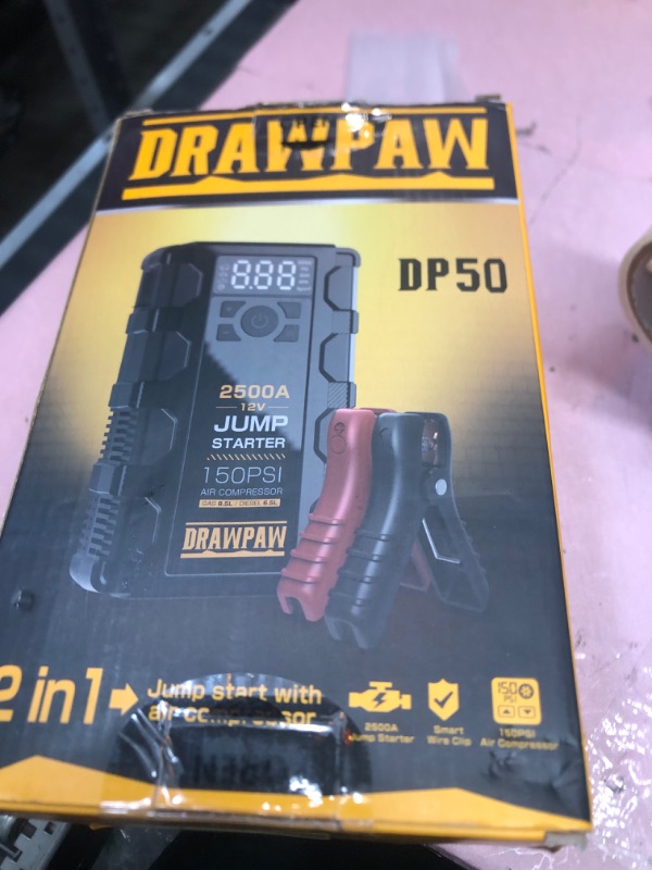 Photo 2 of DRAWPAW Jump Starter with Air Compressor, 2500A Car Battery Booster Pack with 150PSI Digital Tire Inflator, 12V Auto Jumper Cables Jump Box for Vehicles up 8.5L Gas or 6.5L Diesel