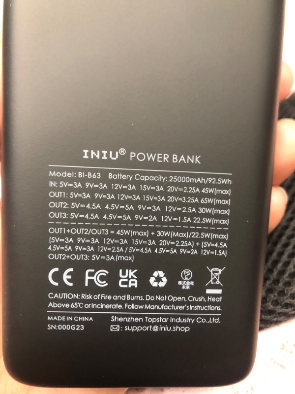 Photo 4 of INIU Power Bank, 25000mAh/65W USB C Laptop Portable Charger, PD QC Fast Charging 3-Output External Battery Pack for Laptop MacBook Dell XPS iPad Tablet iPhone 14 13 12 Pro Max Samsung S21 Google, etc