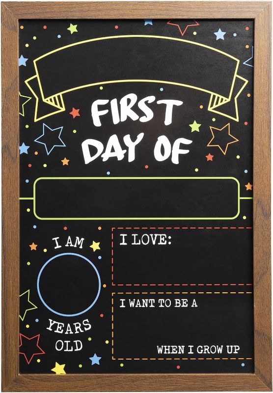 Photo 2 of First Day Last Day of School Double Sided Sign with Frame (Reusable Dry Erase Board for Liquid Chalk Markers - 9.17" x 13.27")