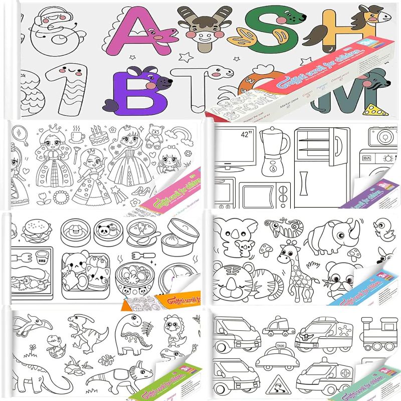 Photo 1 of 7 PCS Giant Coloring Poster, Drawing Paper for Kids,118×11.8 Inches Art Painting Paper Roll for Kids Easel (Animals+Dinosaurs+Transport+Princesses+Food+Household Items+Numeric Alphabet)