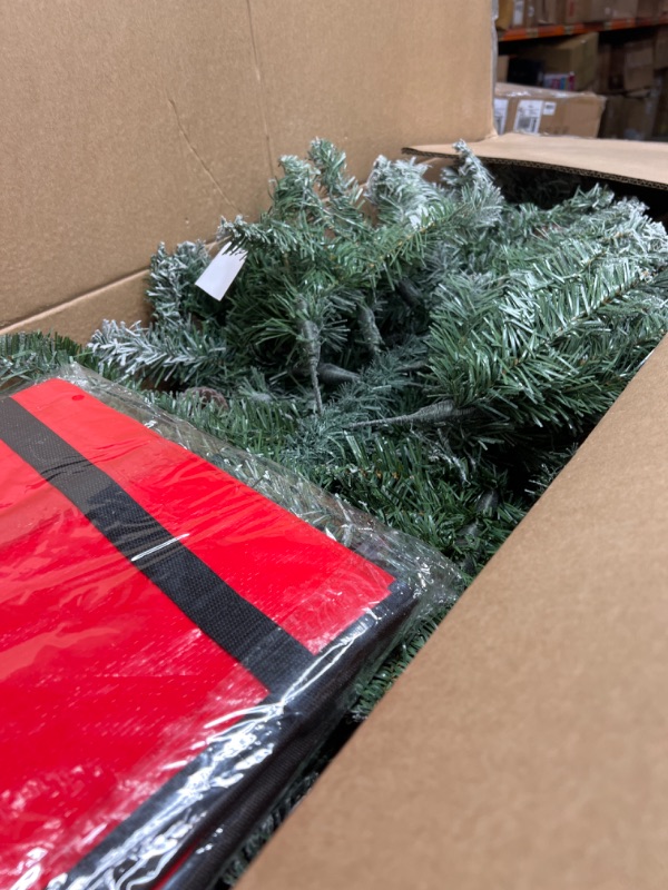 Photo 1 of 7ft Snow Flocked Artificial Christmas Tree Holiday Christmas Pine Tree Flocked Hinged Xmas Tree with 100 Balls, Tree Skirts, Flocked Tree with 1075 Branch Tips, Metal Hinges & Base 7ft Flocked