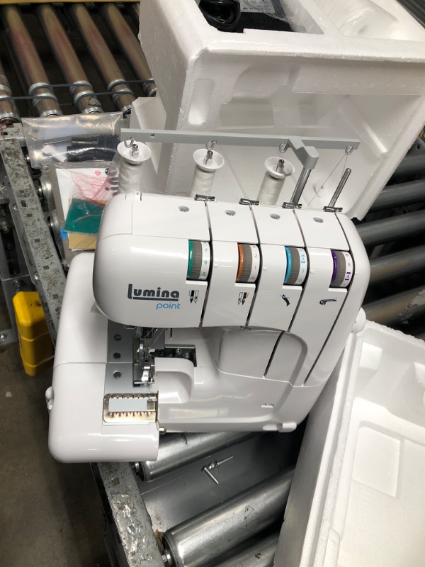 Photo 1 of Lumina Point Serger Sewing Machine, Easy to Use, Ideal Seam Guide for Sergers & Overlock Machines, Durable Metal Frame, Overlock Sewing Machine with 1,250 Stitches Per Minute, 2-3-4 Serger Thread, Sewing Accessories (White Frame)