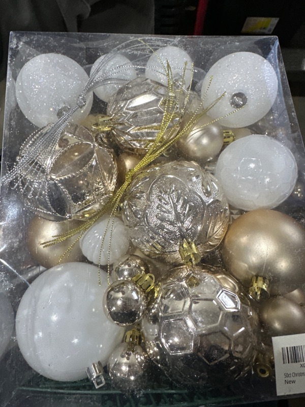 Photo 2 of 50ct Christmas Tree Ornament Set, White Christmas Ornaments Balls Assorted for Christmas Tree Decoration Shatterproof Christmas Hanging Ball for Halloween Party Home Decorations (Hooks Included)