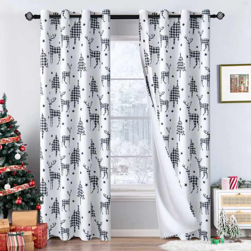 Photo 1 of EMEMA Christmas Buffalo Plaid Curtains Reindeer Checkered Grommet Window Curtain Panels for Living Room Bedroom Decorative Window Treatment Curtains, 2 Panels, 52 x 90 Inch, Black and White