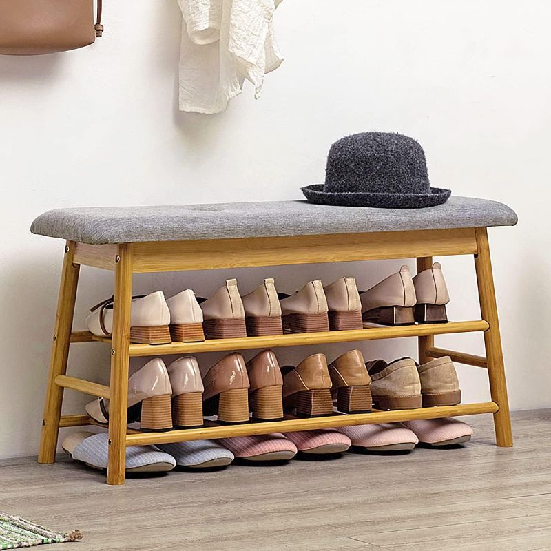 Photo 1 of (READ NOTES) IOTXY Shoe Rack Storage Bench - Bamboo Shoe Shelf with Cushioned Seat and Organizer Compartment, Upholstered Bench for Closet, Entryway, Hallway, Bedroom, 35.4"