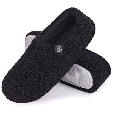 Photo 1 of HomeTop Women S Fuzzy Curly Fur Memory Foam Loafer Slippers Bedroom House Shoes with Polar Fleece Lining (Large 9-10 M Black)
